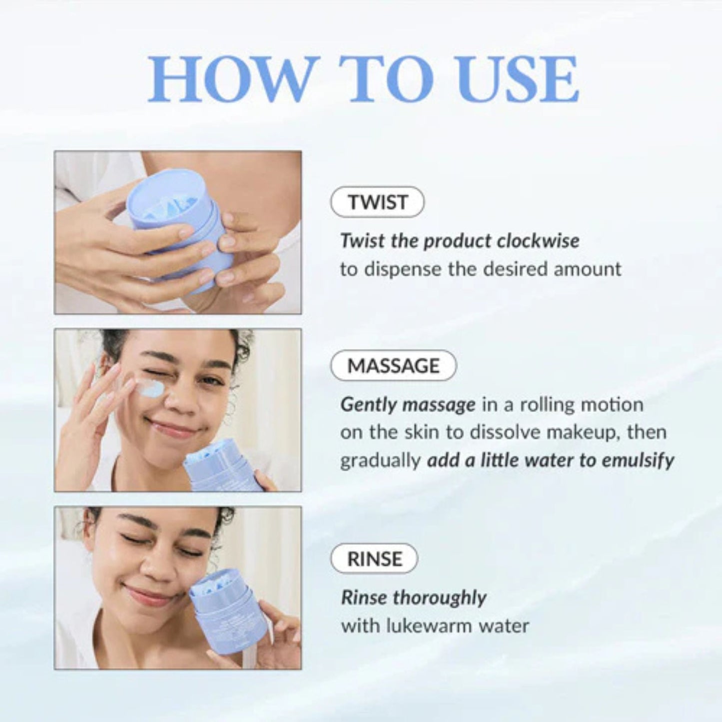 Instructions on how to use a skincare product with text and images of a person using it.