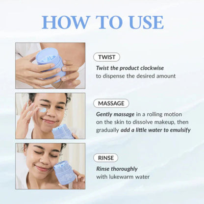 Instructions on how to use a skincare product with text and images of a person using it.