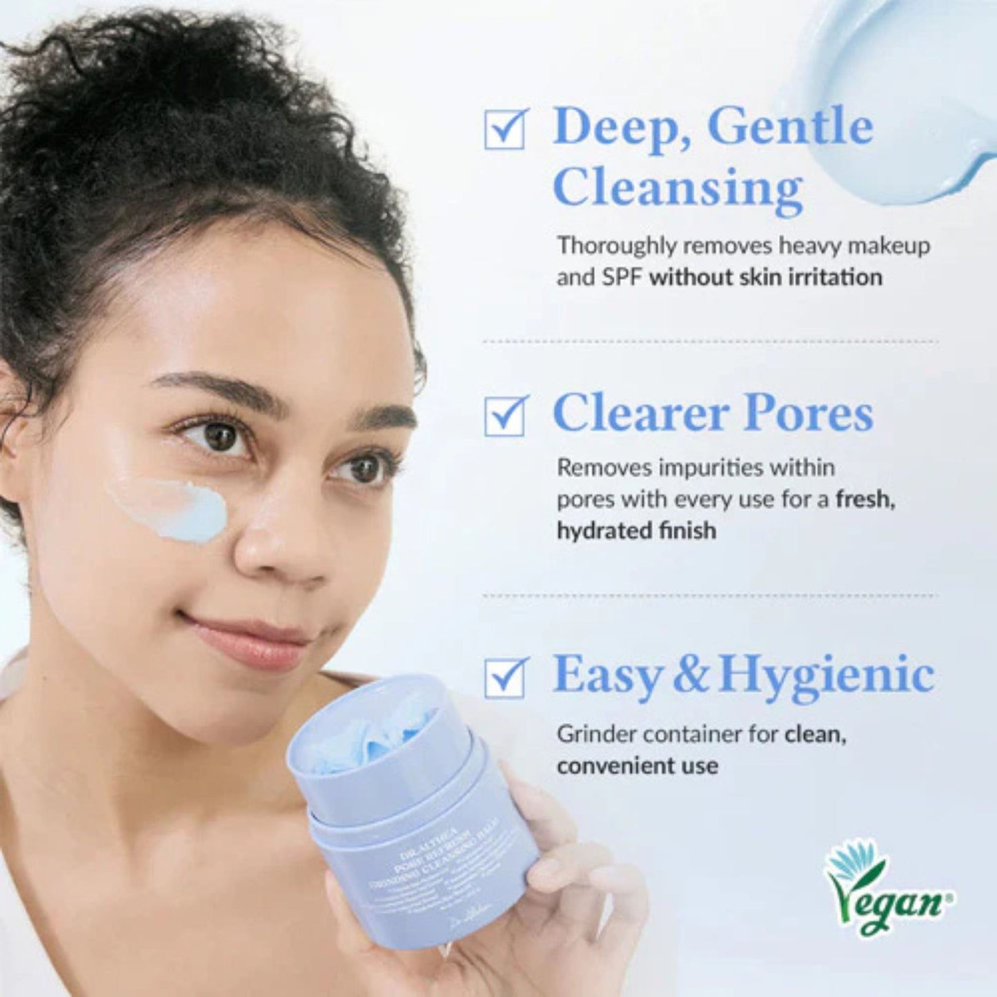 Woman holding a skincare product with text about deep cleansing, clearer pores, and ease of use.