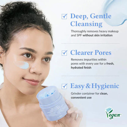 Woman holding a skincare product with text about deep cleansing, clearer pores, and ease of use.