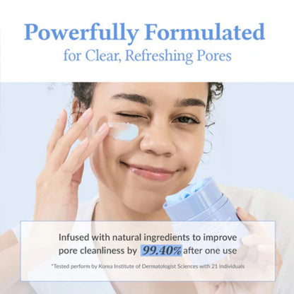Woman applying facial product with text about pore cleansing and natural ingredients