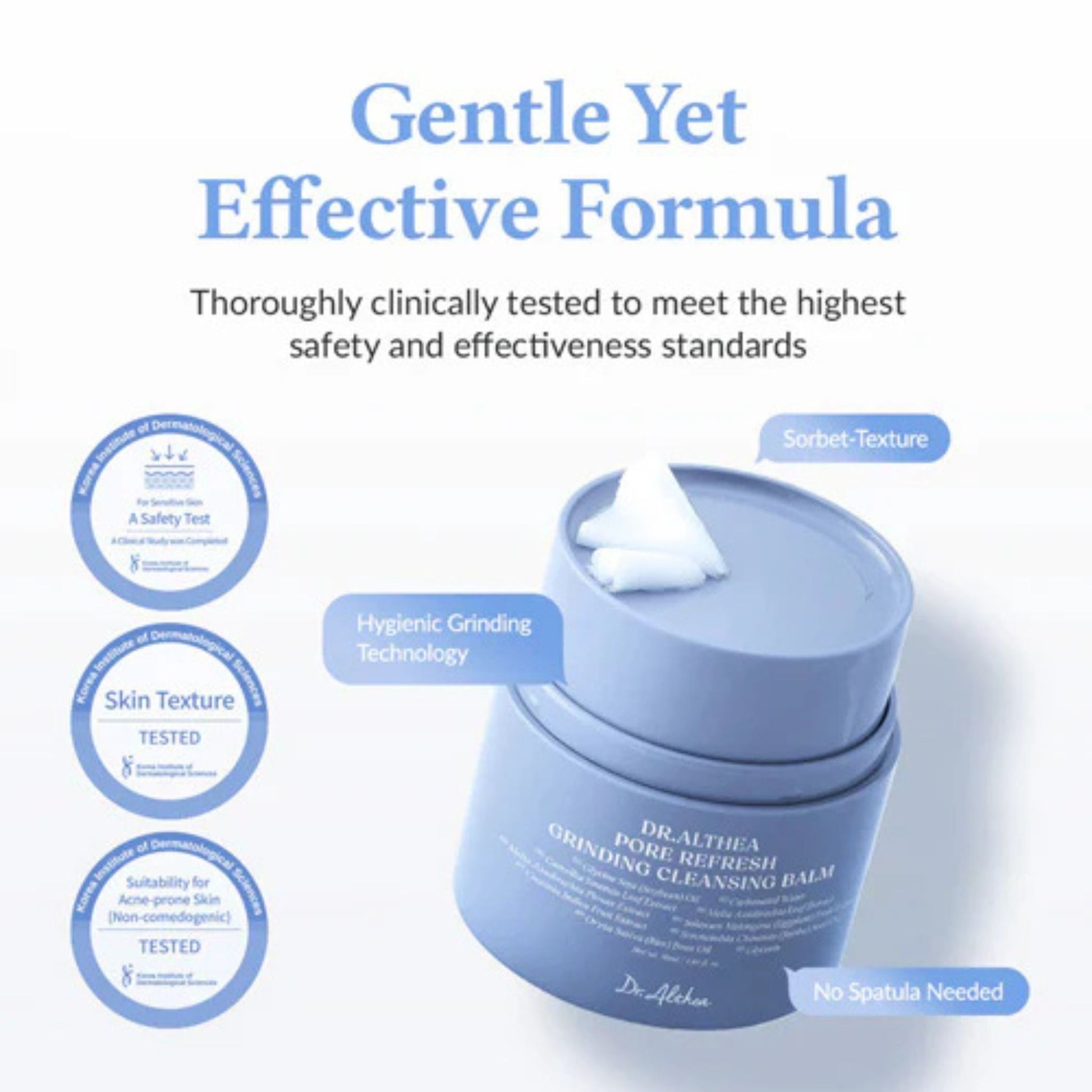 Cleansing balm with text about its formula and testing on a light background