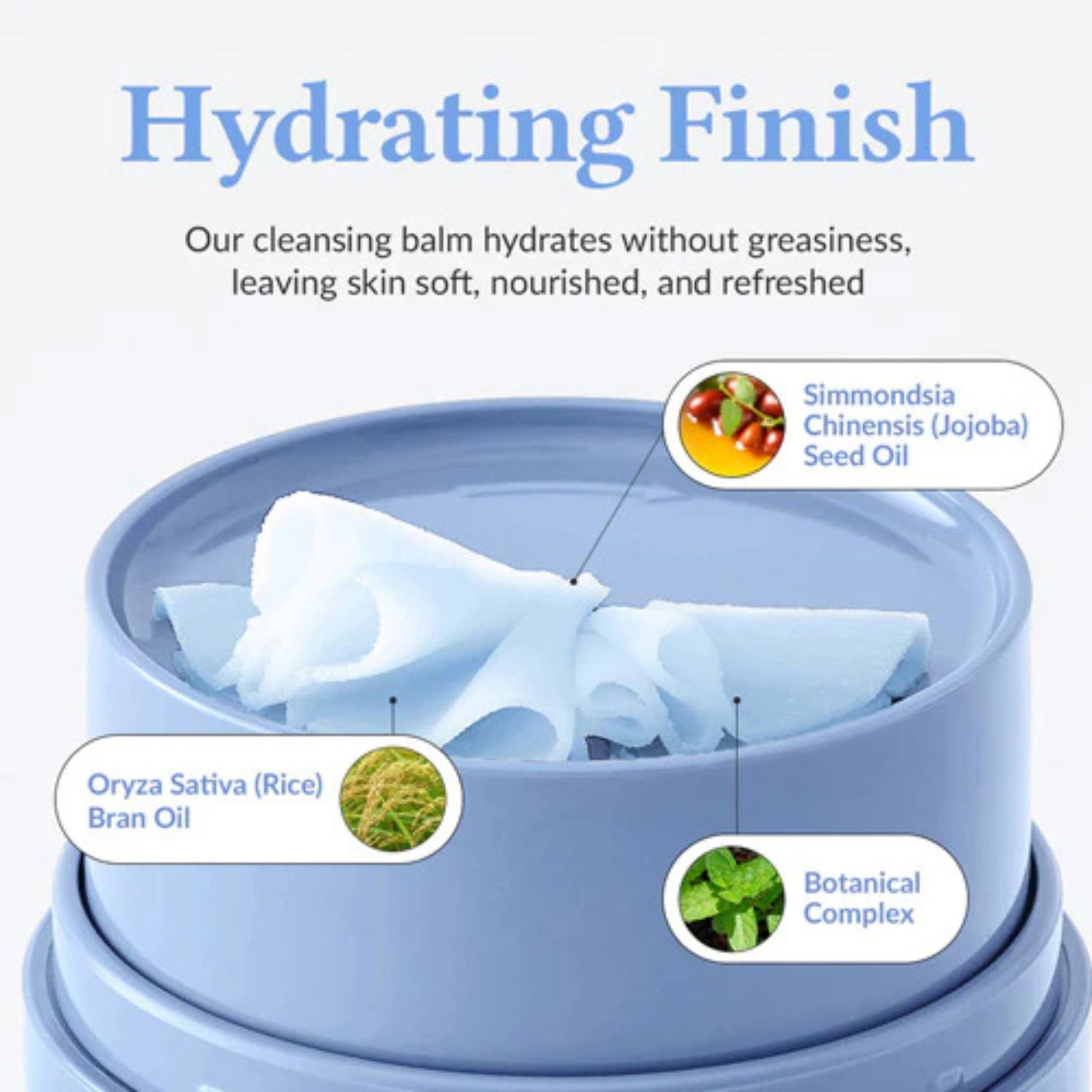 Cleansing balm with ingredients listed on a blue background