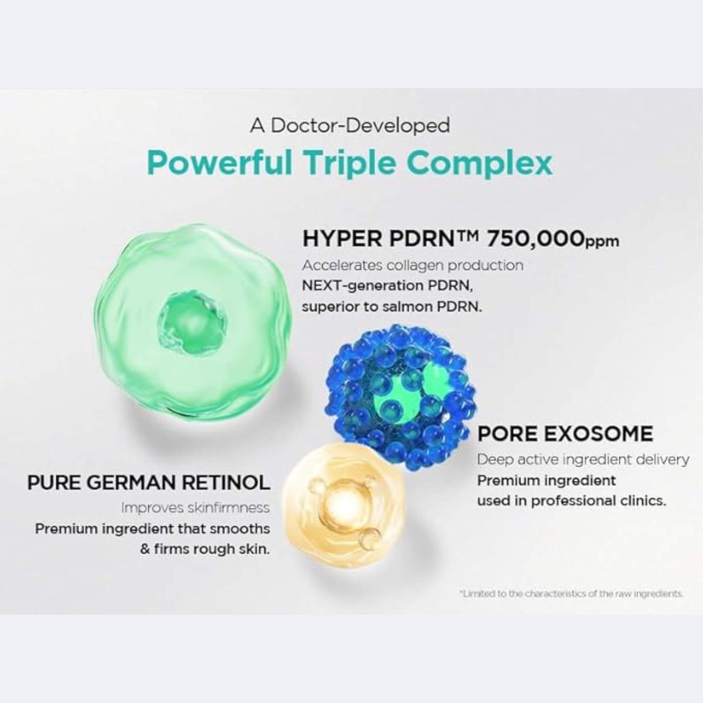 Three illustrated skin cells with text describing a powerful triple complex on a light gray background.