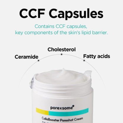 Porexsome CollaBooster Poreshot Cream with CCF capsules and skin barrier components on a white background