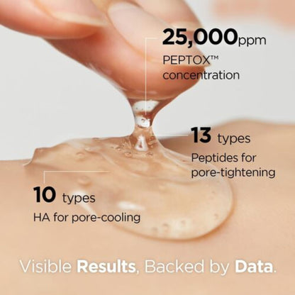 Skin care product with text about PEPTOX concentration and peptide types on a beige background