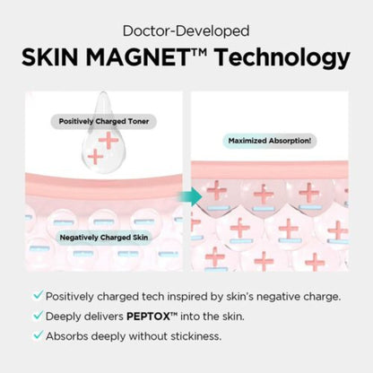 Diagram of Skin Magnet Technology with positively charged toner and maximized absorption into skin.