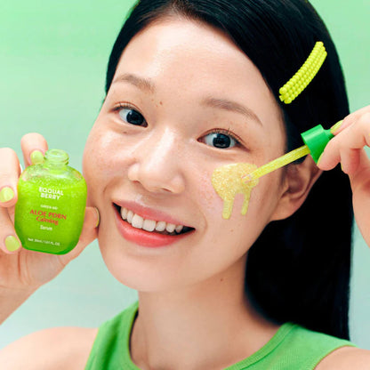 Woman applying aloe vera gel to her face with a green background