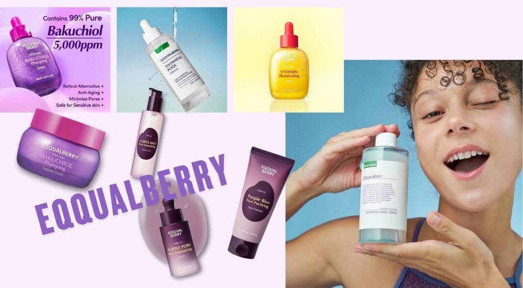 EQQUALBERRY skincare collection – featuring Bakuchiol, Vitamin Serum, Purple Rice Cleanser, and Swimming Pool Toner for bright, clear, and hydrated skin