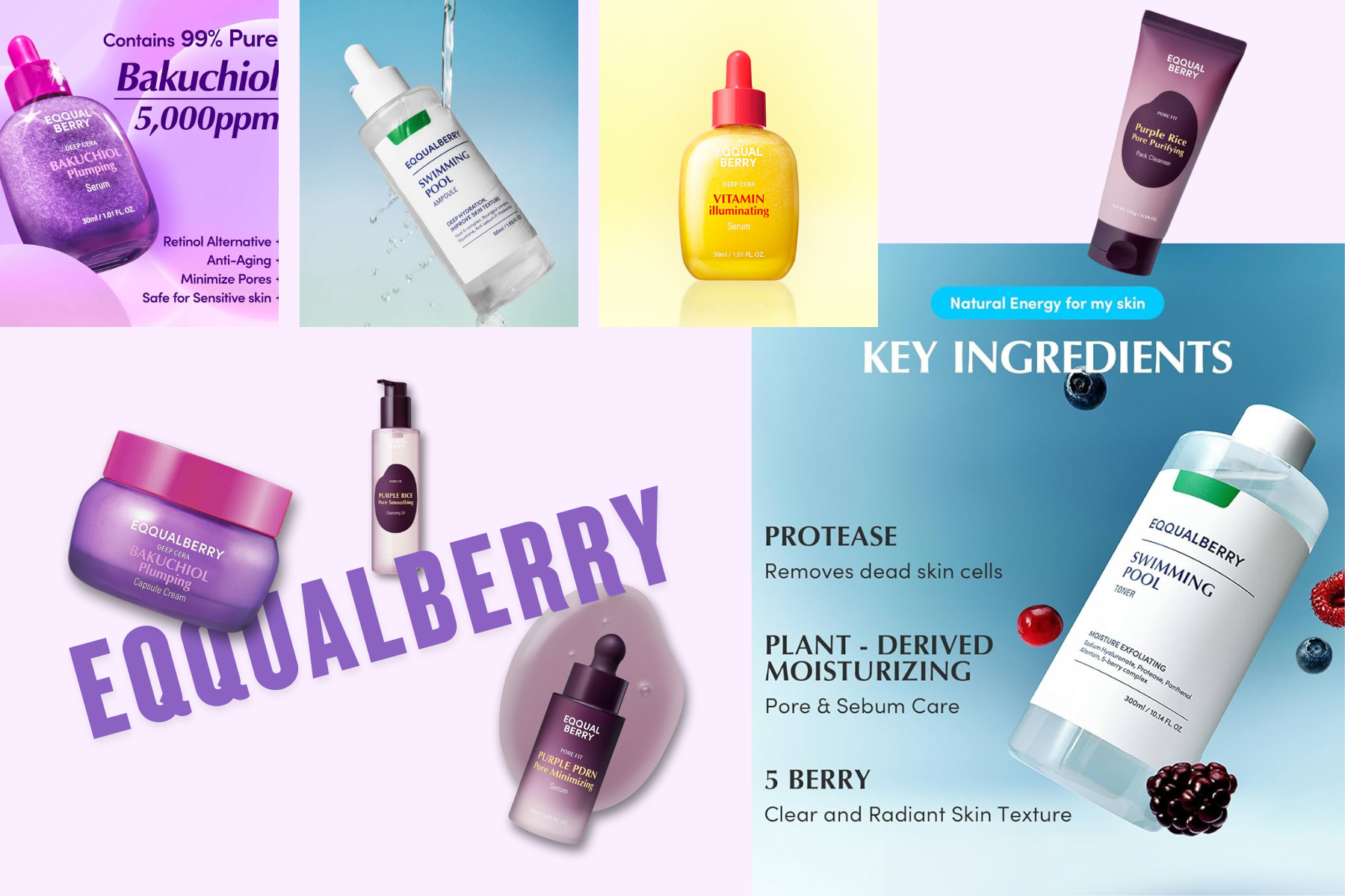 EQQUALBERRY skincare collection – featuring Bakuchiol, Swimming Pool Toner, Vitamin Serum, and Purple Rice cleansers with key ingredients and benefits highlighted