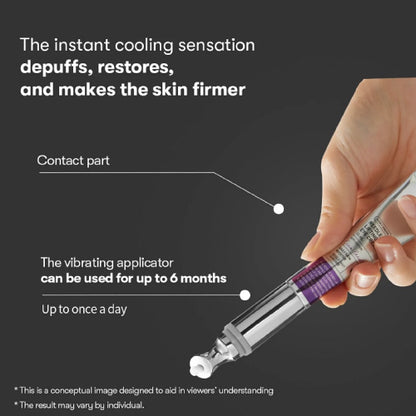 Hand holding a skin care device with text about its benefits on a black background