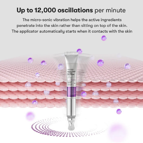 Skincare serum tube with text about micro-sonic vibration and skin penetration on a skin layer background.