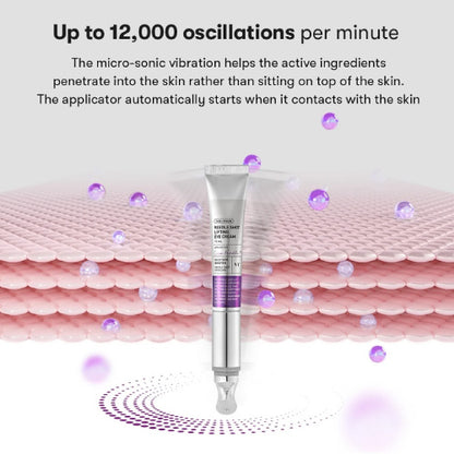 Skincare serum tube with text about micro-sonic vibration and skin penetration on a skin layer background.