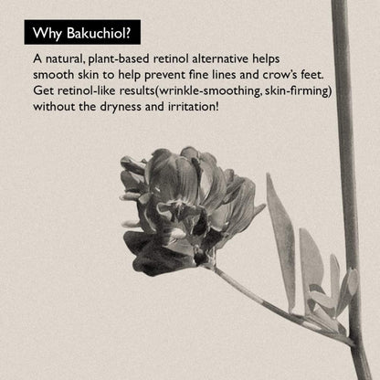 Black and white image of a plant with text about Bakuchiol as a natural retinol alternative.