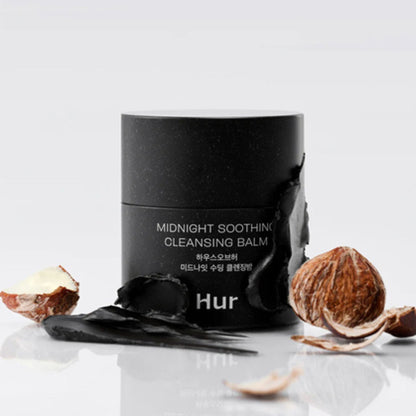 Black cleansing balm container with 'Hur' branding on a white background