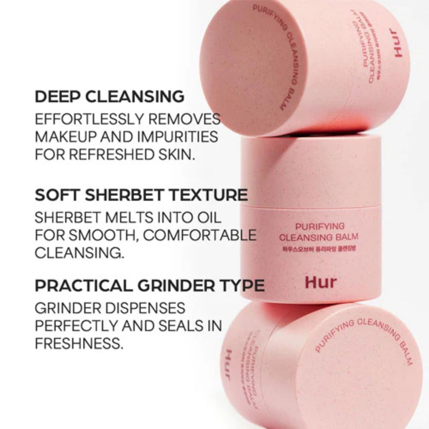 Pink cleansing balm with text describing its features on a white background