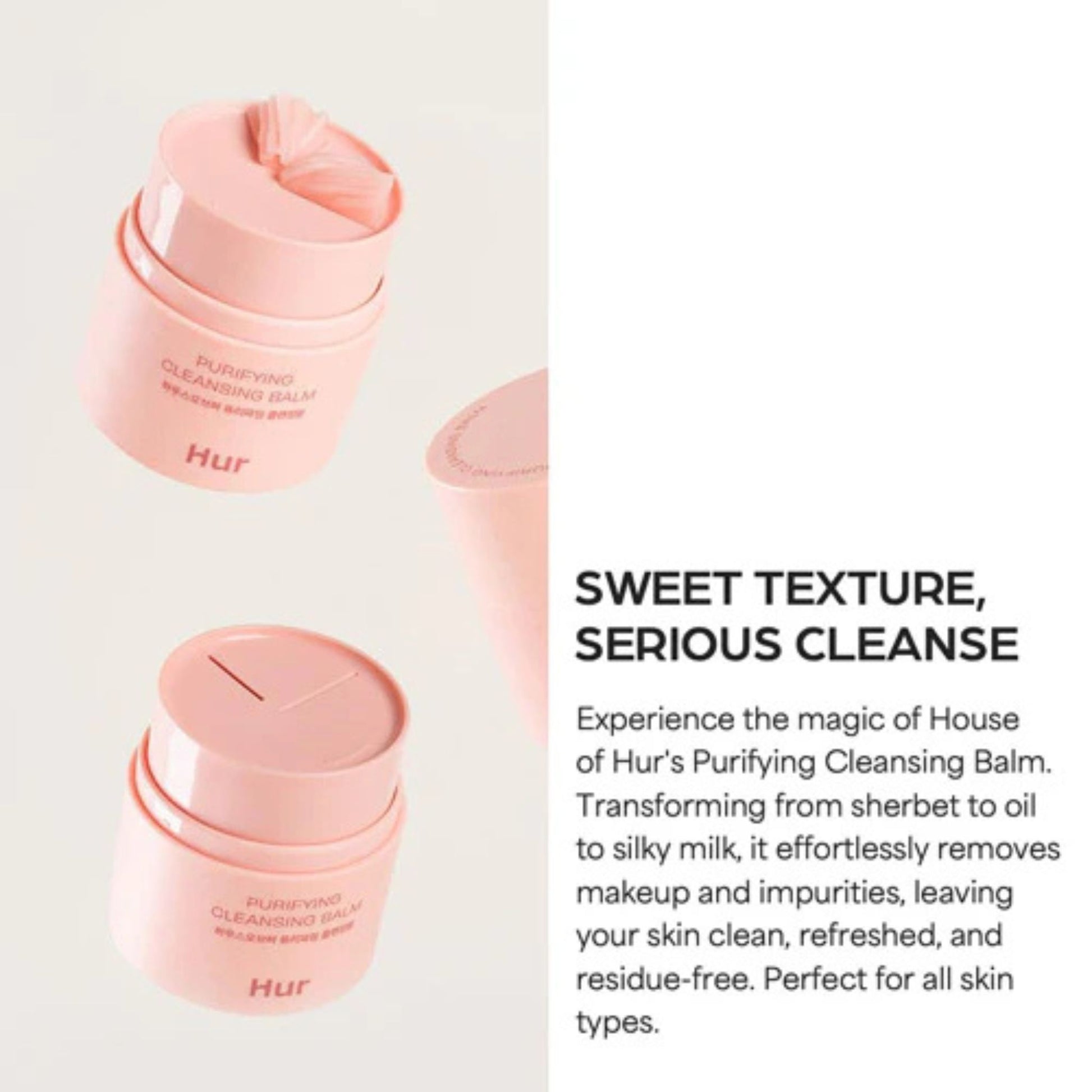 Pink cleansing balm container with text on a white background