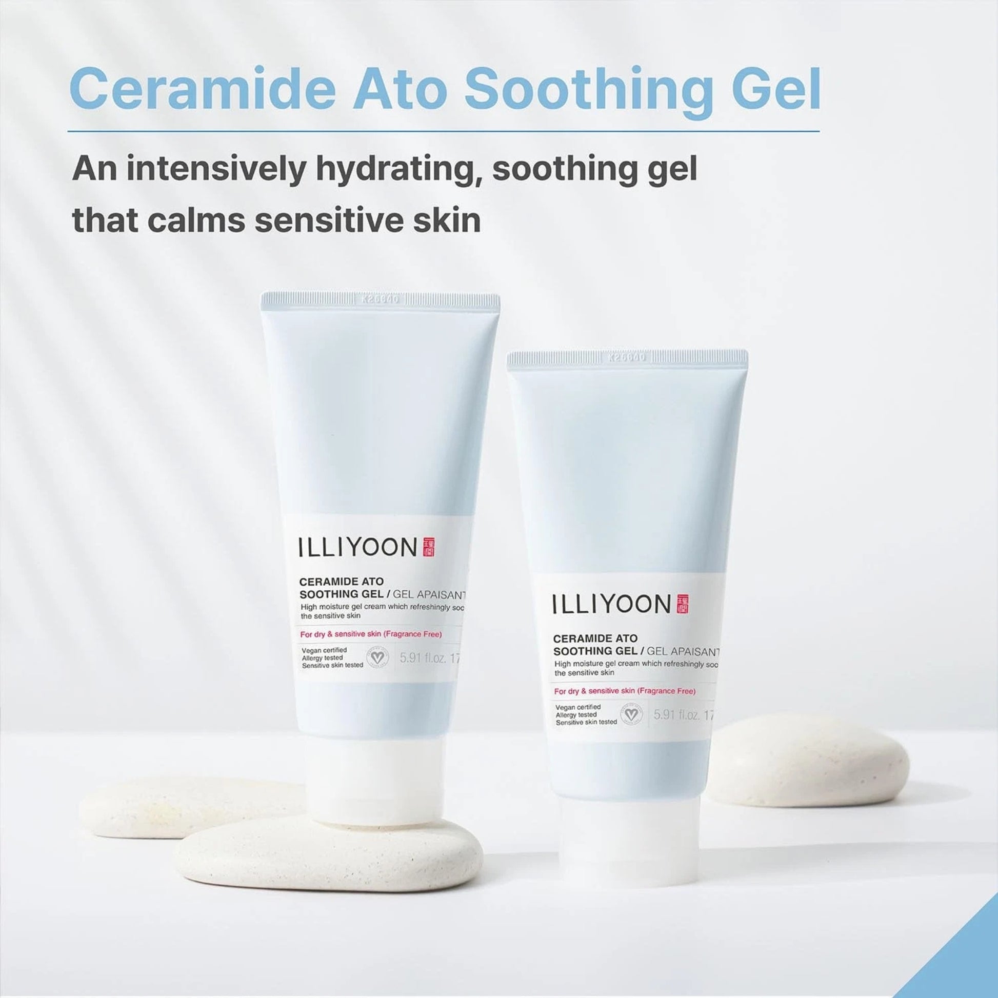 Two tubes of Illiyoon Ceramide Ato Soothing Gel on a light gray background with product description text.