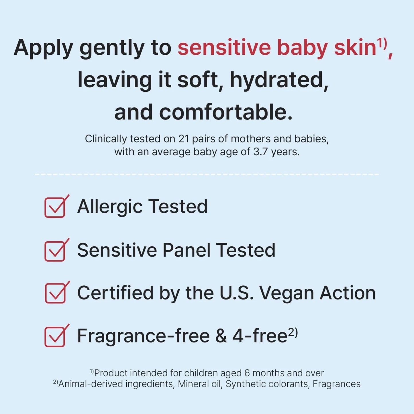 Product label with text about applying gently to sensitive baby skin, clinical testing details, and certification information.