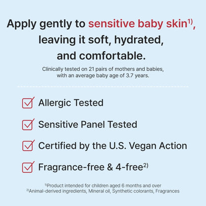 Product label with text about applying gently to sensitive baby skin, clinical testing details, and certification information.