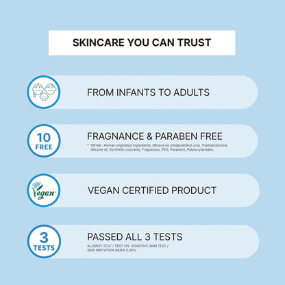 Skincare product claims on a blue background