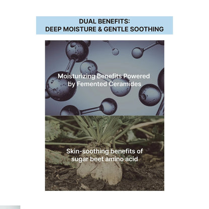 Advertisement for moisturizing benefits powered by fermented ceramics with molecular structure and sugar beet image.