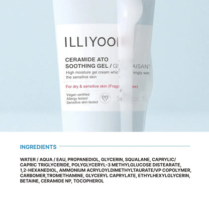 ILLIYOON Ceramide ATO Soothing Gel packaging with ingredient list on a light blue background
