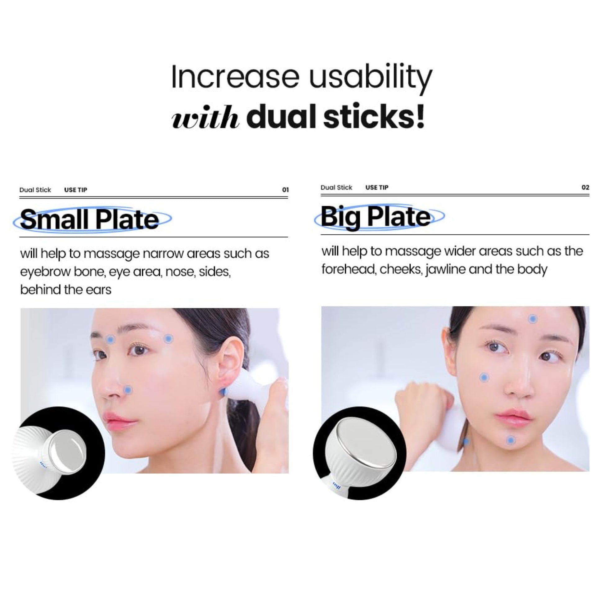 Product advertisement for dual massage sticks with small and big plates on a white background.