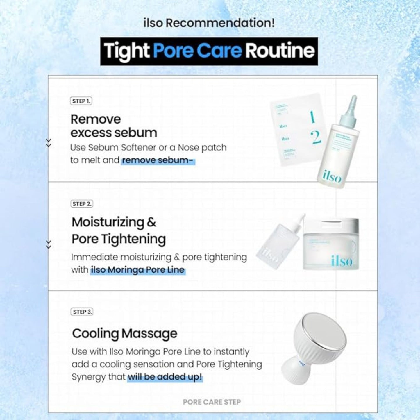 Ilso skincare products with a step-by-step routine on a light blue background