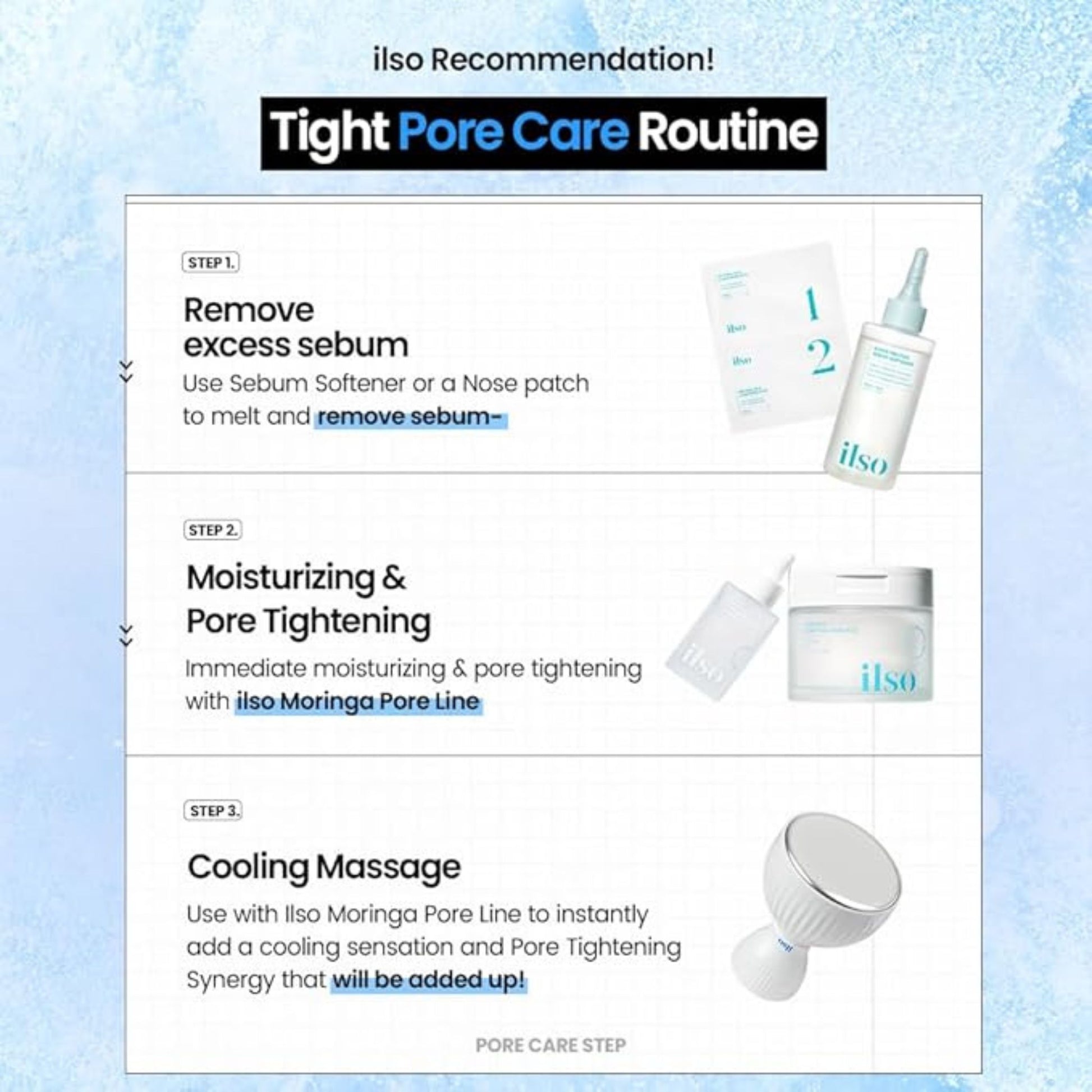Ilso skincare products with a step-by-step routine on a light blue background