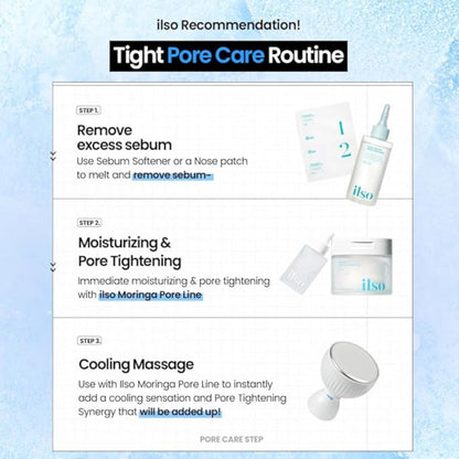 Ilso skincare products with a step-by-step routine on a light blue background