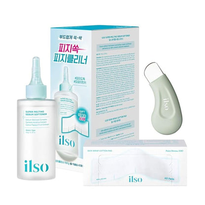ilso Super Melting Sebum Softener gift set with 150g bottle, cotton pads, and product box on white background