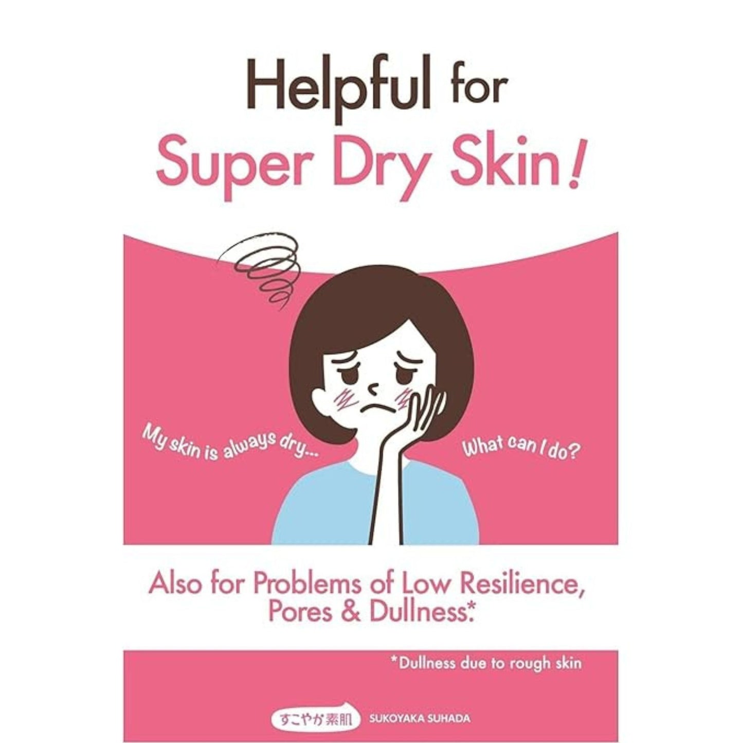 Product packaging for dry skin care with a cartoon character and text on a pink background