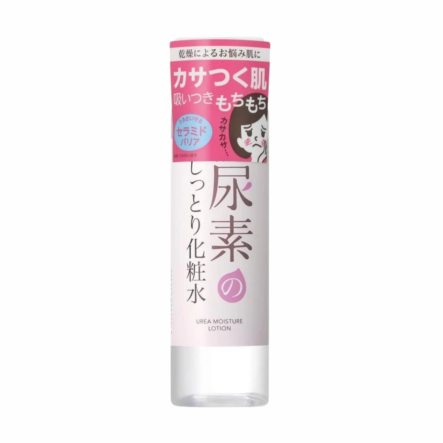 Skincare bottle with pink label on a white background