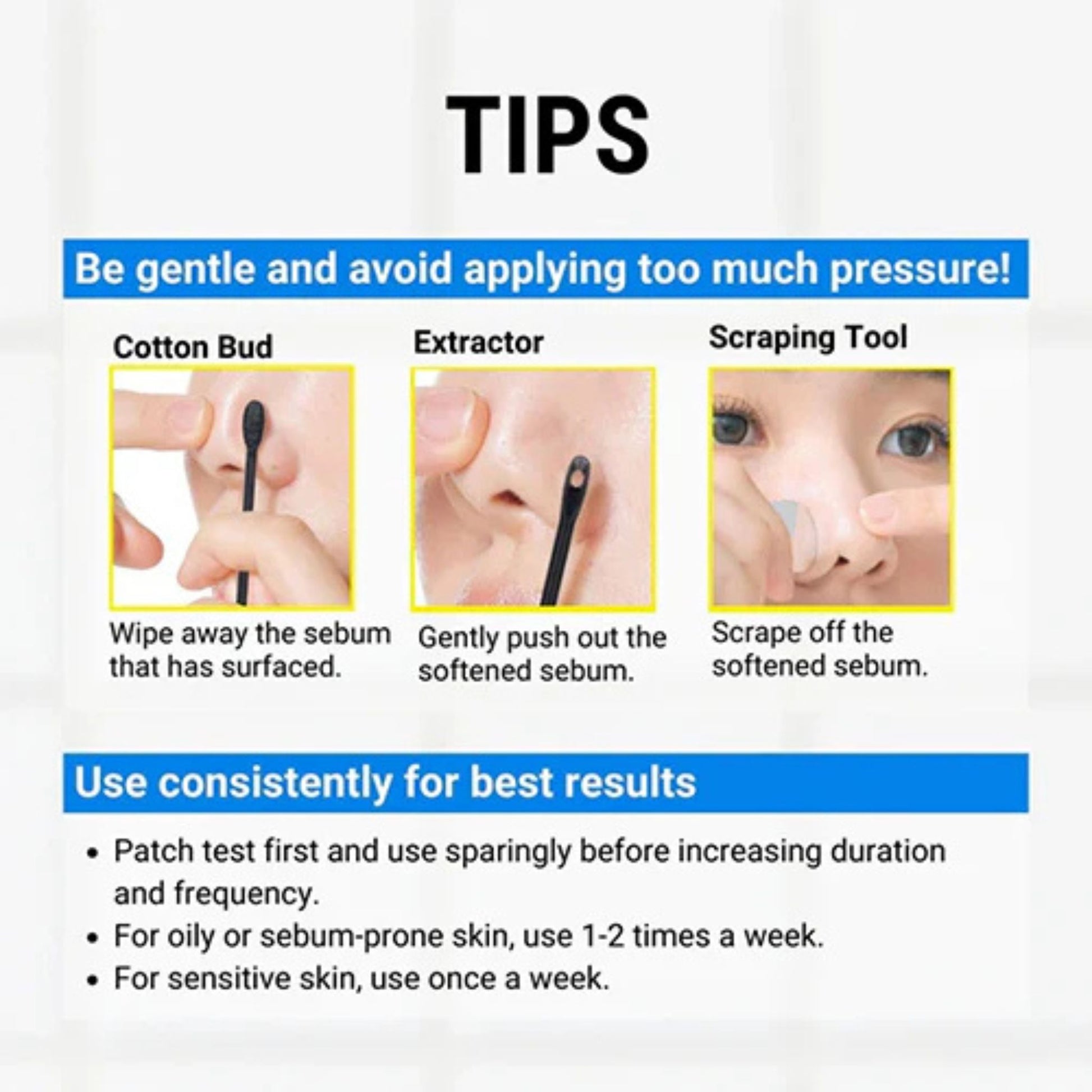Instructions for using a nose cleaning tool with images and text on a white background