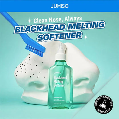Jumiso blackhead melting softener with a brush and face mask on a light blue background