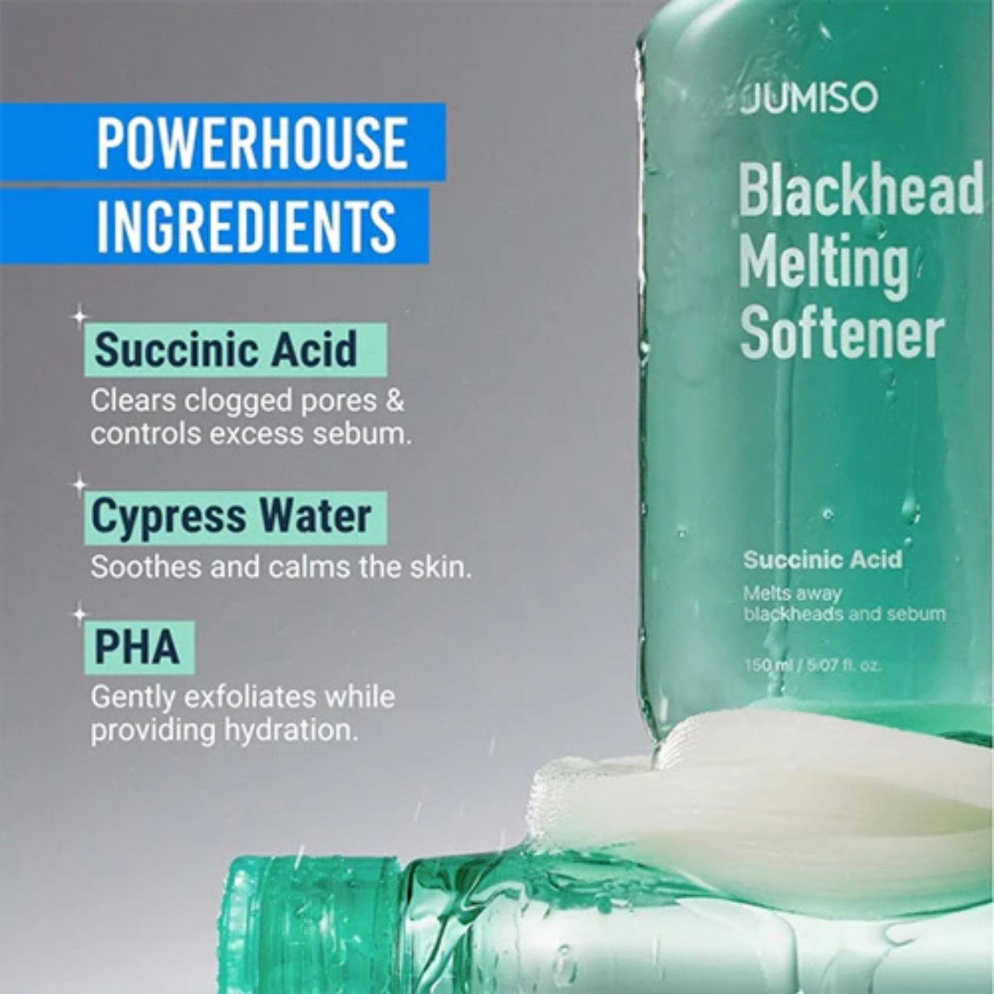 Jumiso Blackhead Melting Softener bottle with ingredients listed on a gray background