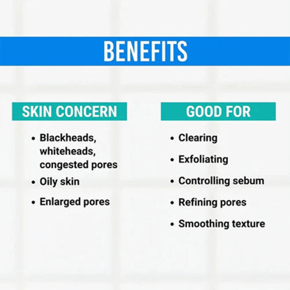 List of skin concerns and benefits on a white background with blue and green text.