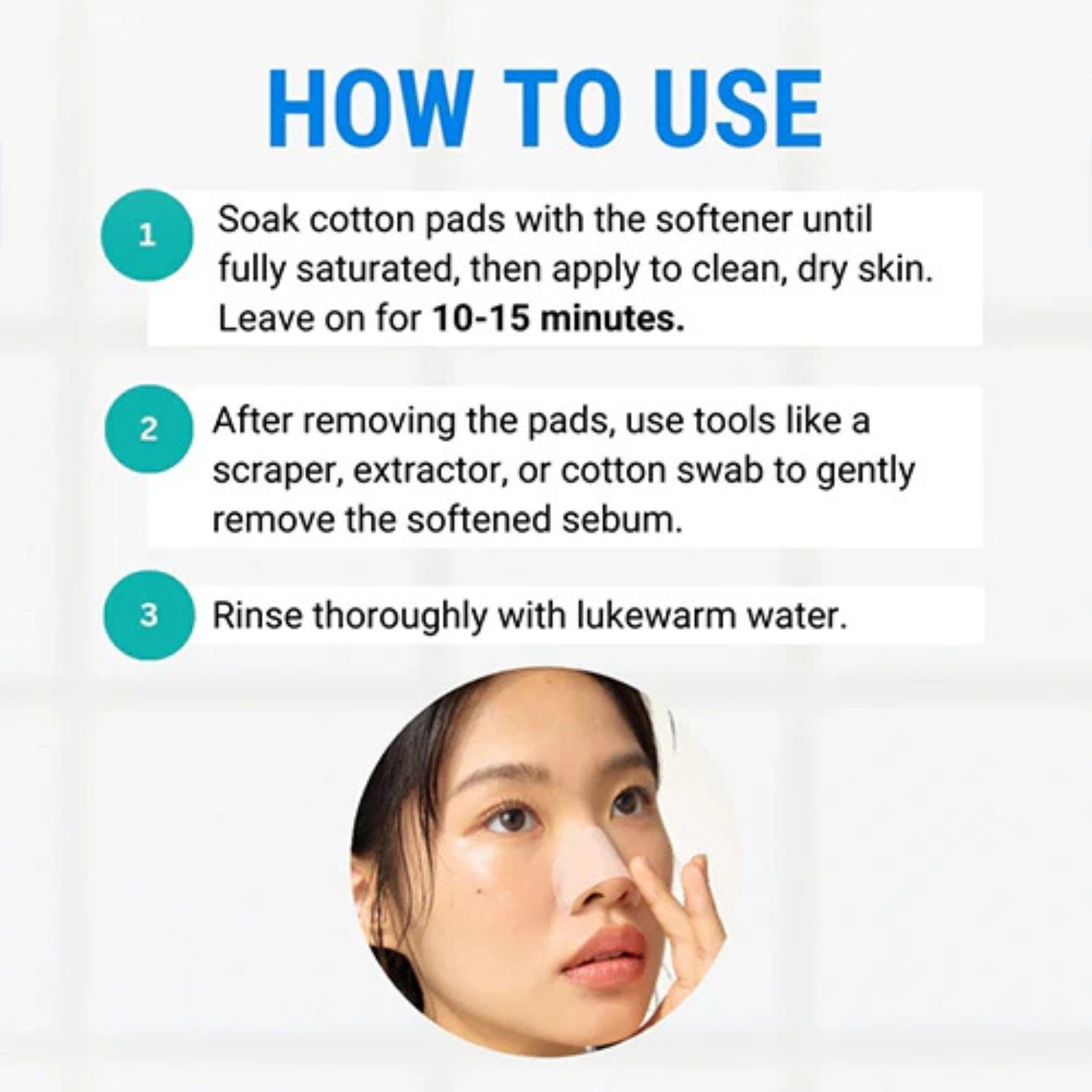 Instructions on how to use a facial cleansing product with a woman applying it.