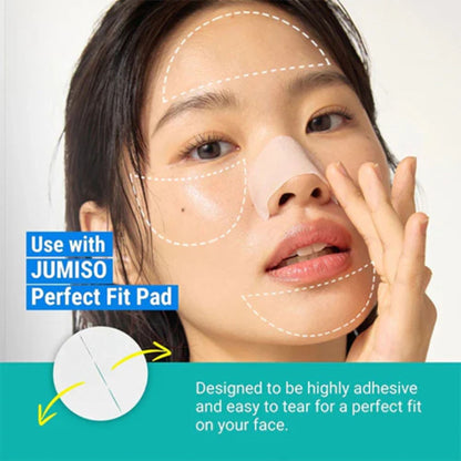 Woman using JUMISO Perfect Fit Pad on her face with product features highlighted.