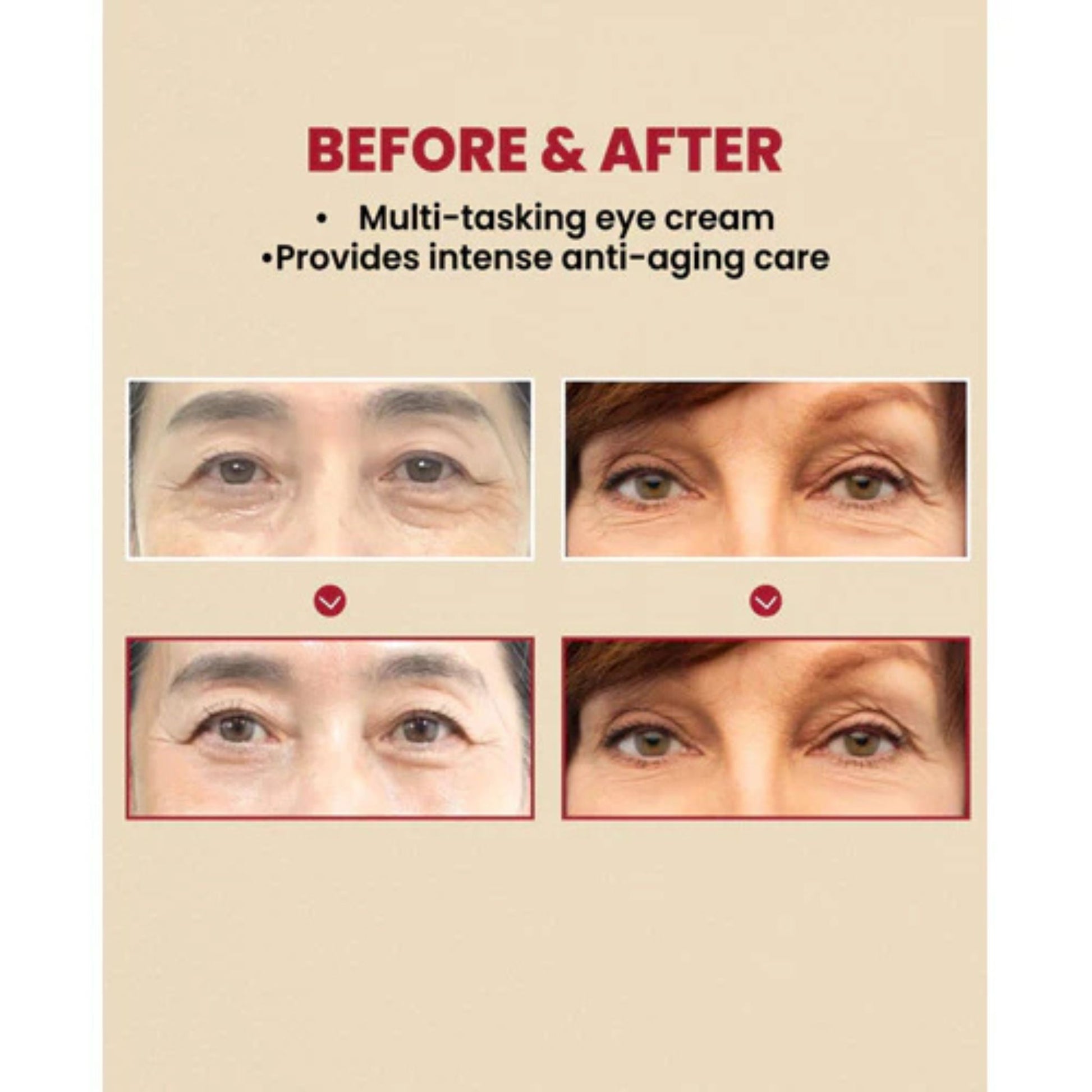 Before and after effects of a multi-tasking eye cream on a beige background