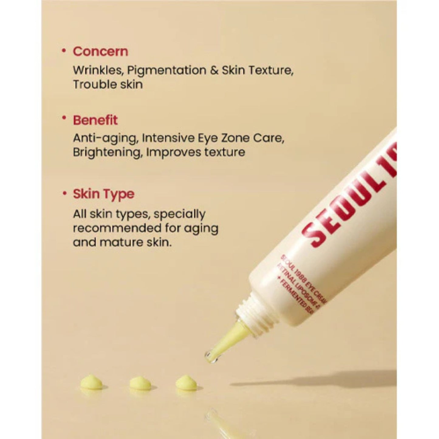 Cosmetic tube with text detailing its use for anti-aging, intensive eye zone care on a beige background.