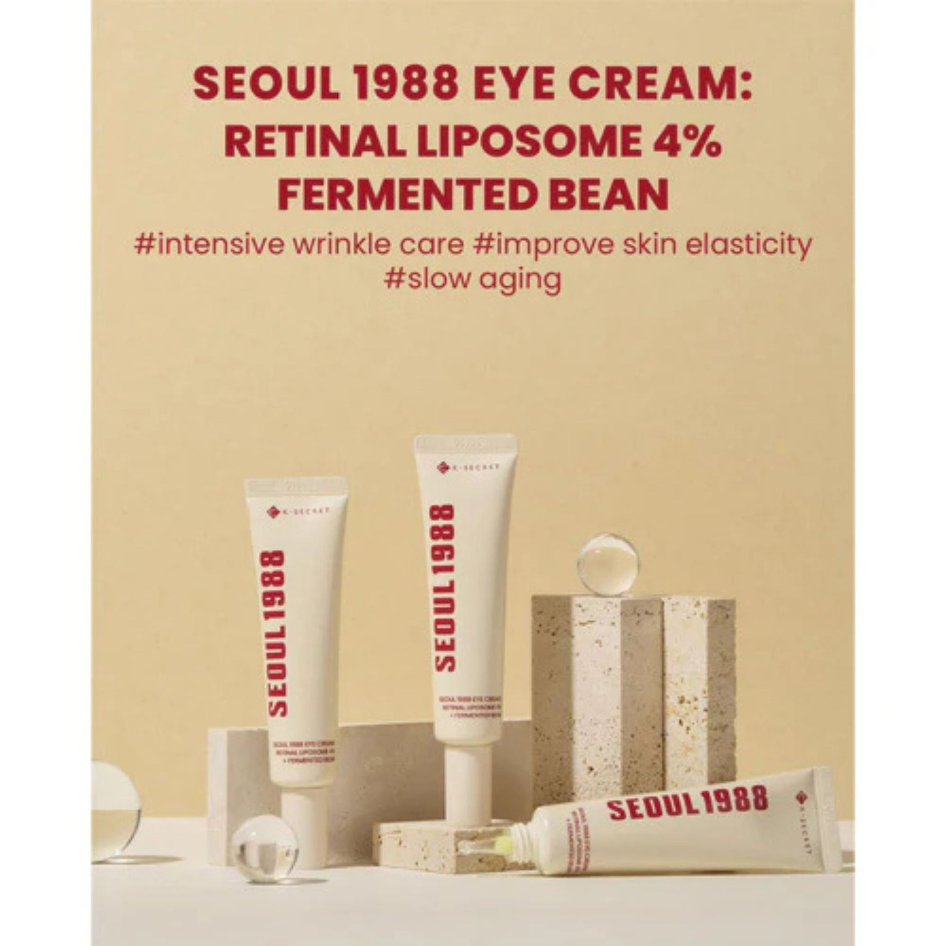 SEOUL 1988 eye cream with text on a beige background