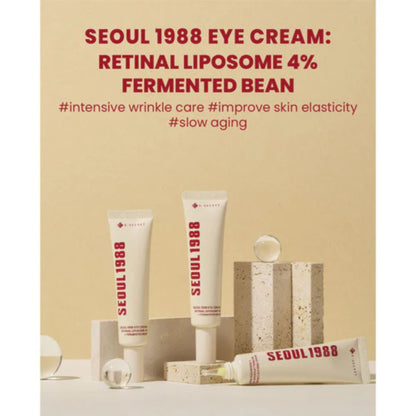 SEOUL 1988 eye cream with text on a beige background