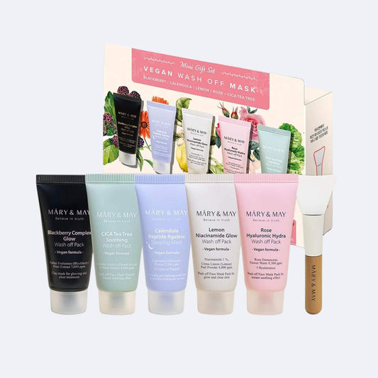 Set of skincare products with Mary & May branding on a white background