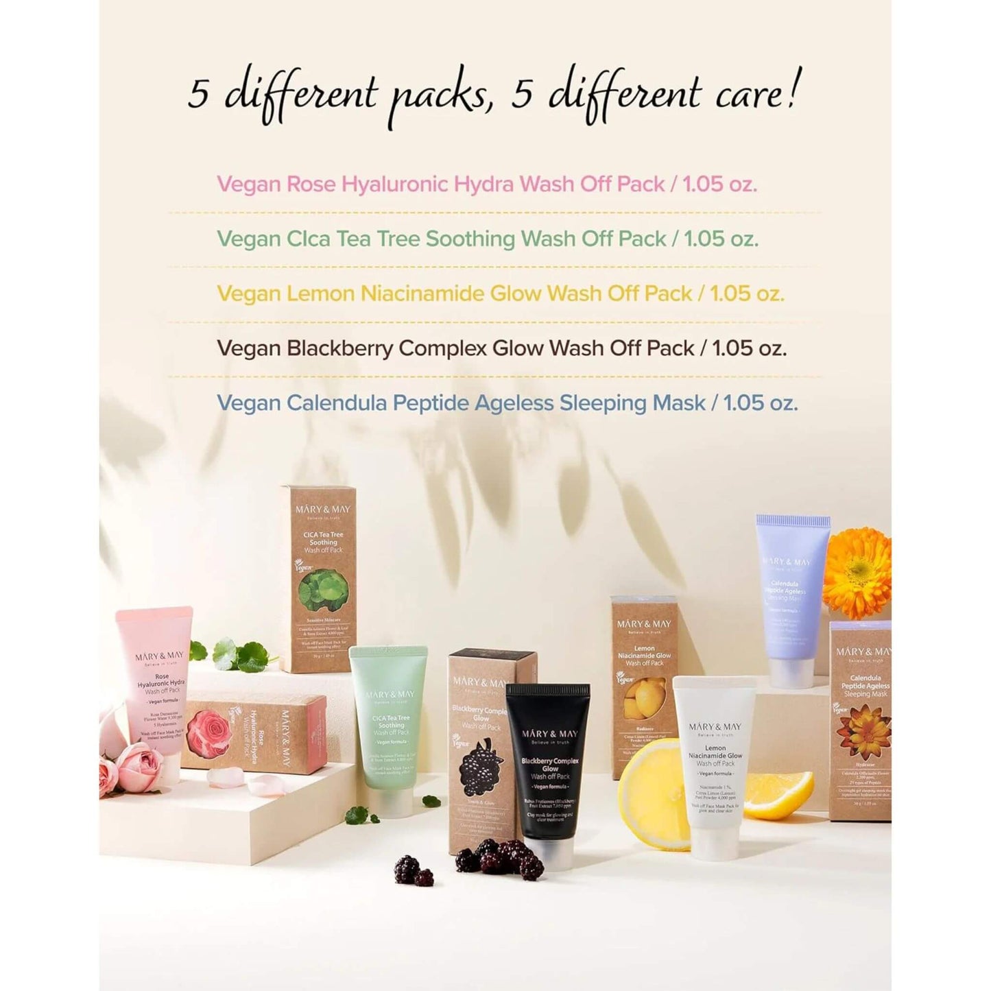 Collection of skincare products with text highlighting different care packs on a light background.