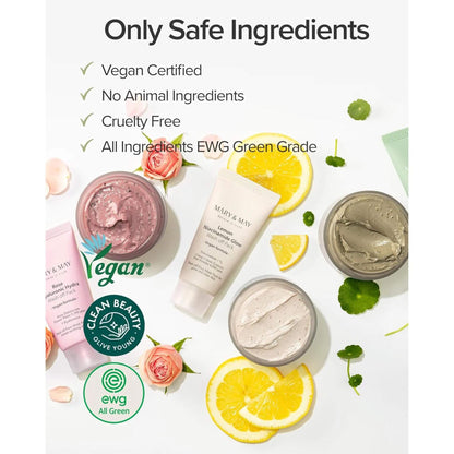Cosmetic products with safety certification labels on a white background