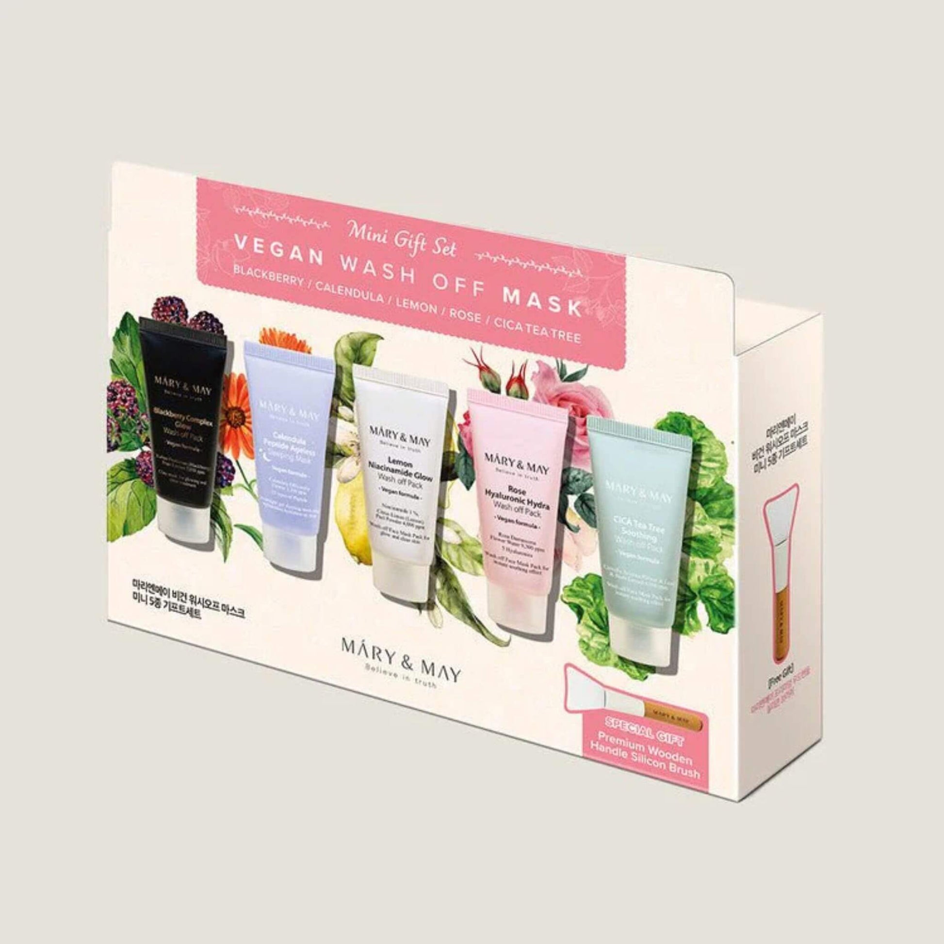 Mary & May vegan wash off mask gift set packaging on a light gray background