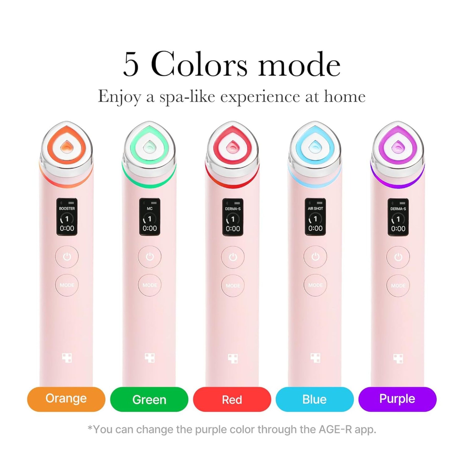 Five pink devices with color-changing lights on a white background