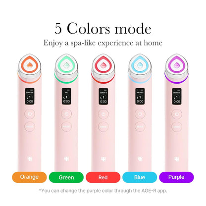 Five pink devices with color-changing lights on a white background